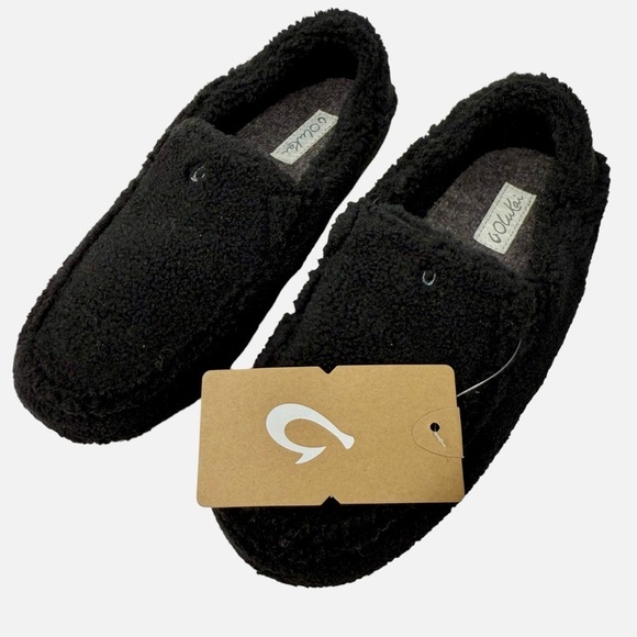 Olukai Slippers Women's 7 Nohea Heu Black Drop Back Slip On Fuzzy shoes NWT - Picture 1 of 6